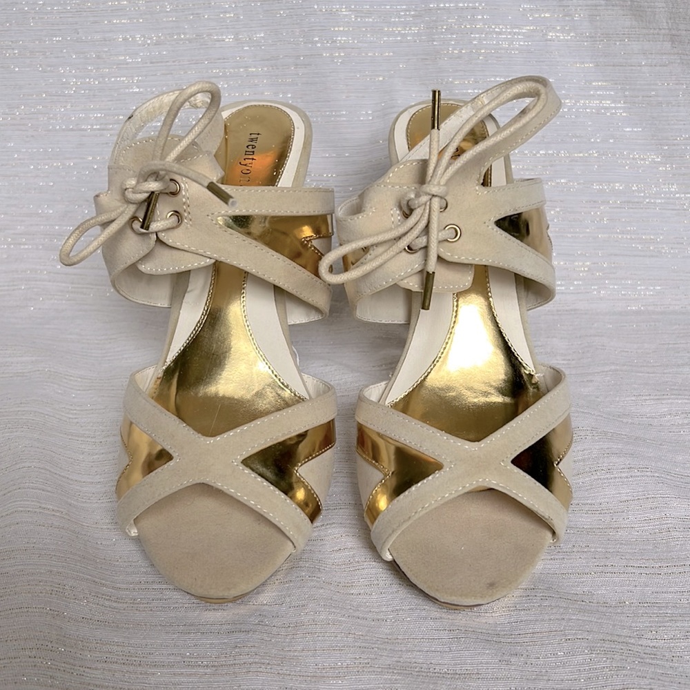 Twenty one gold and beige tan high heels, size 9.  Super sexy, lightly worn!!